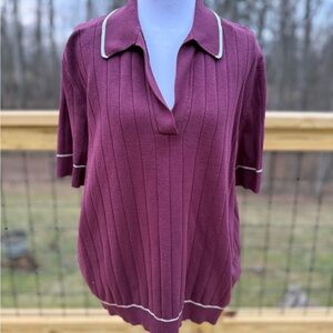 Elegant Burgundy Knit Short Sleeve Sweater with Contrast Trim